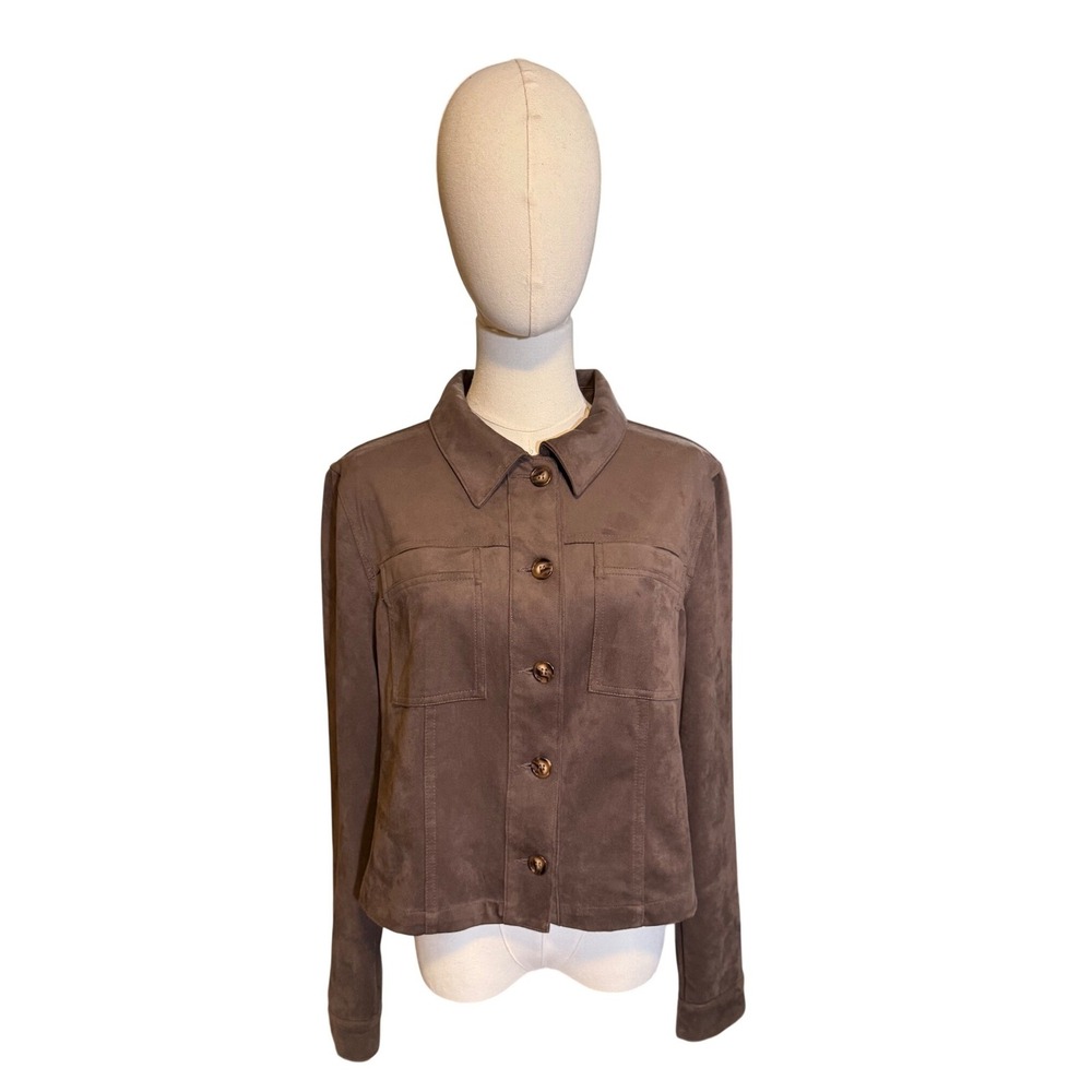 KUT From The Kloth Cropped Faux Suede Brown Button Front Shirt Jacket Sz Large